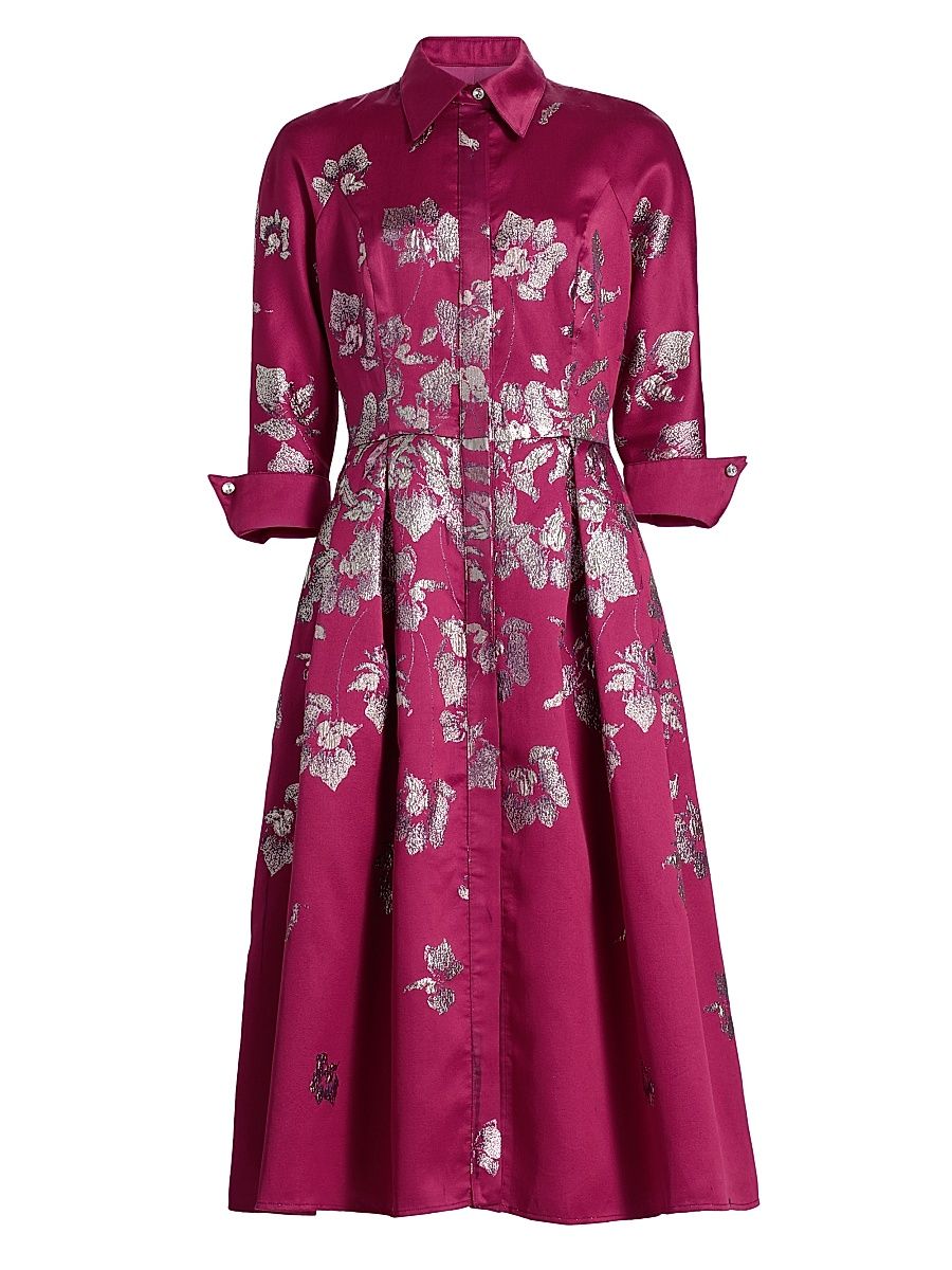 Women's Metallic Floral Jacquard Pleated Midi-Shirtdress - Cranberry Multi - Size 8