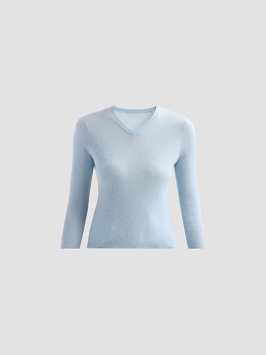 Women's Cashmere-Silk V-Neck Top - Clear Water - Size XXS