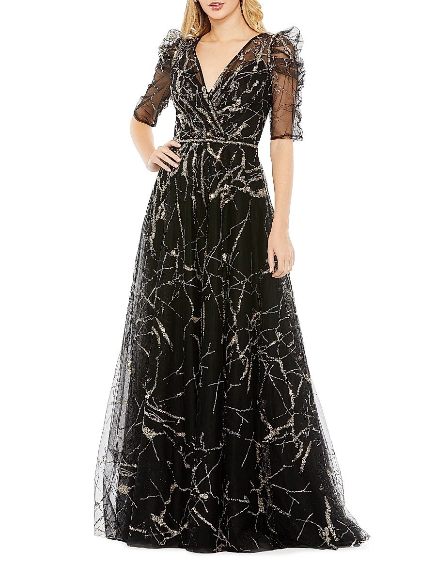 Women's Embellished V-Neck Gown - Black - Size 16