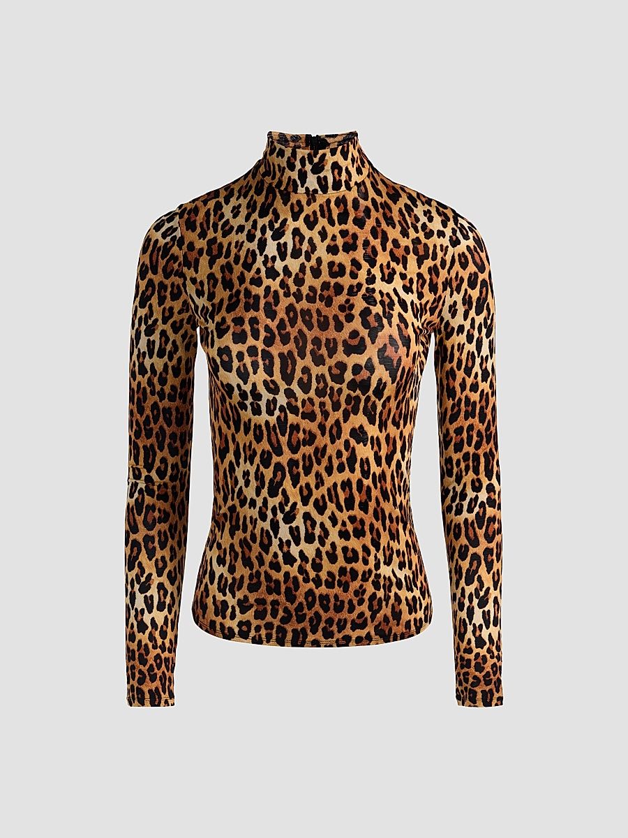 Women's Delaina Leopard-Print Turtleneck Top - Spotted Leopard - Size XL