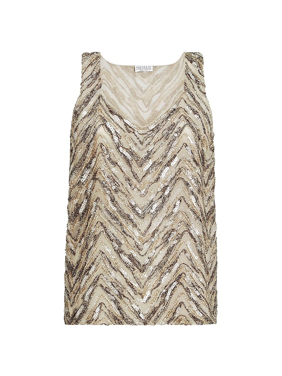 Women's Crispy Silk Top with Dazzling Chevron Embroidery - Beige - Size XXXL