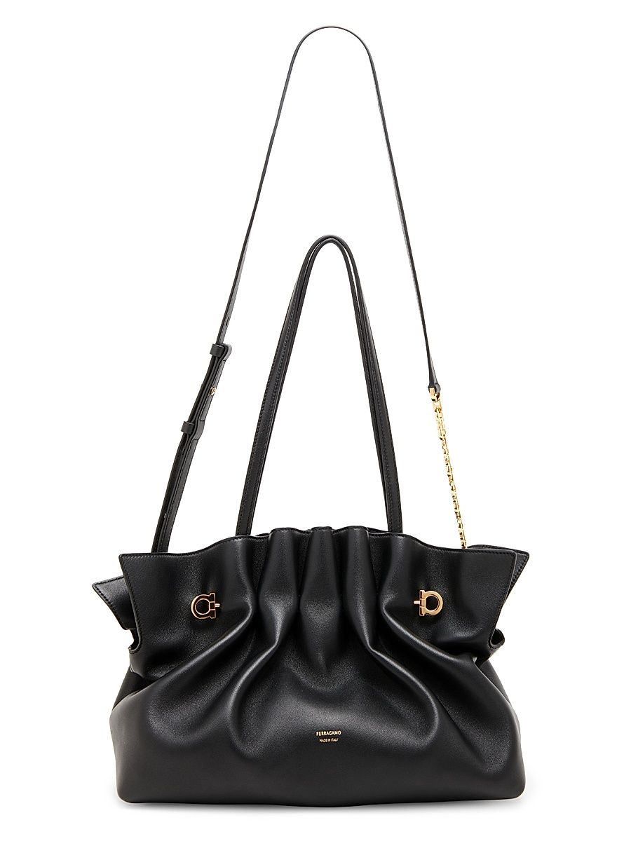 Women's Medium Gancio Piercing Gathered Leather Shoulder Bag - Nero
