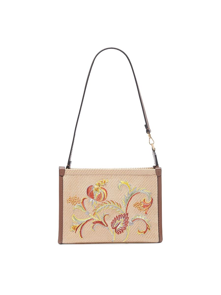 Women's Floral-Embroidered Woven Pouch - Cammello