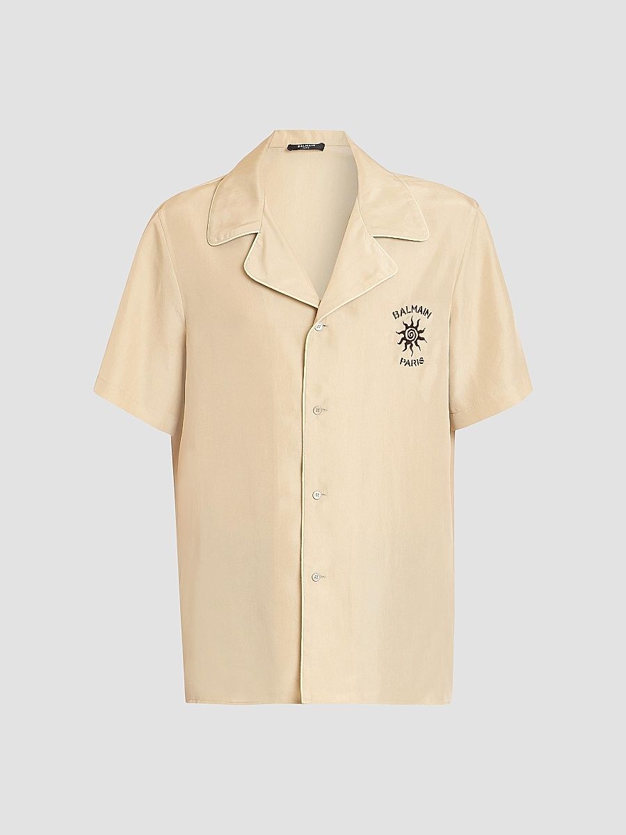 Balmain Men's Sun Embroidered Silk Shirt - Beige Clair Marron - Size XL