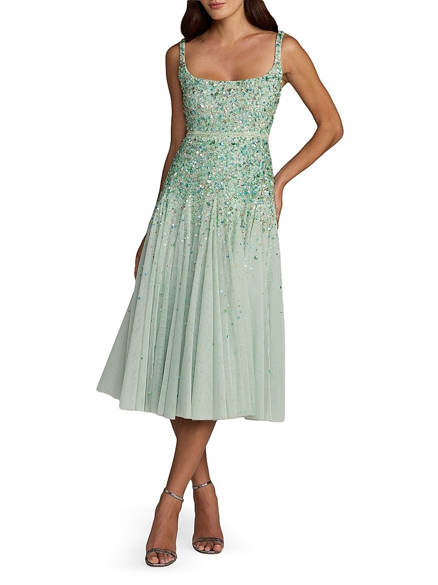 Women's Beaded Mesh Midi-Dress - Seafoam Multi - Size 14