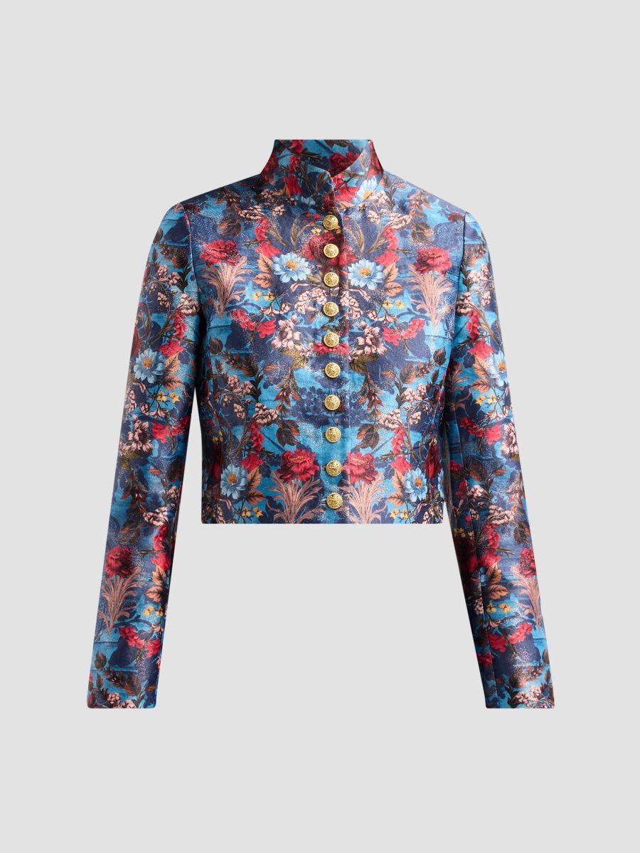 ALICE + OLIVIA Women's Emerson Floral Jacquard Military Jacket - Heartstrings Mineral Blue - Size XL