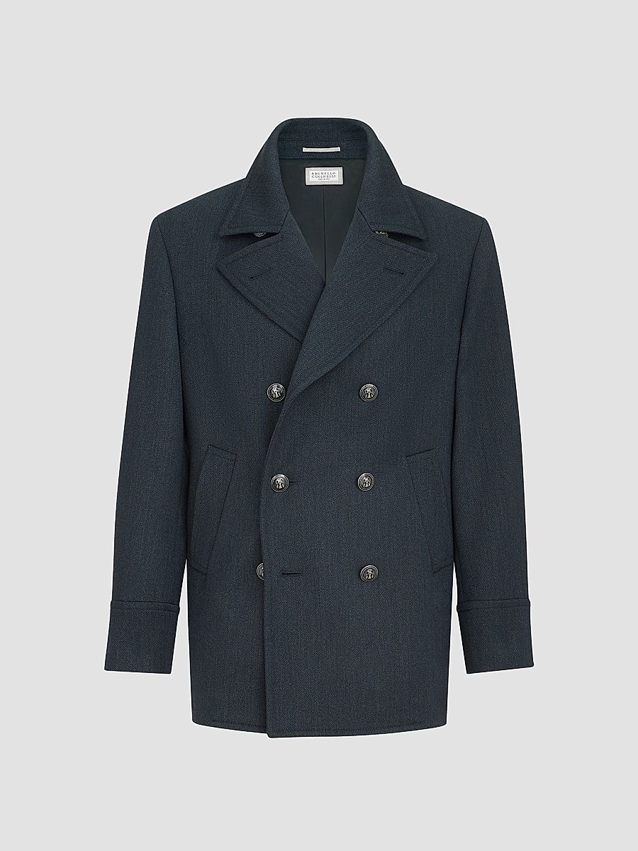 Men's Wool and Cashmere Cavalry Peacoat with Metal Buttons - Blue - Size 42