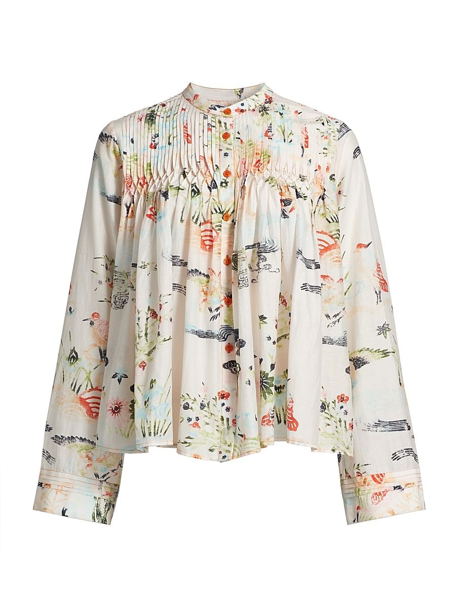 Women's Dorrego Laini Abstract Cotton Button-Front Blouse - Ecru - Size Large