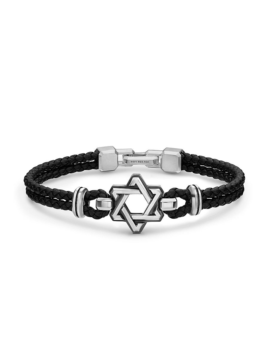 Men's Streamline Star of David Bracelet in Black Leather - Silver - Size Medium