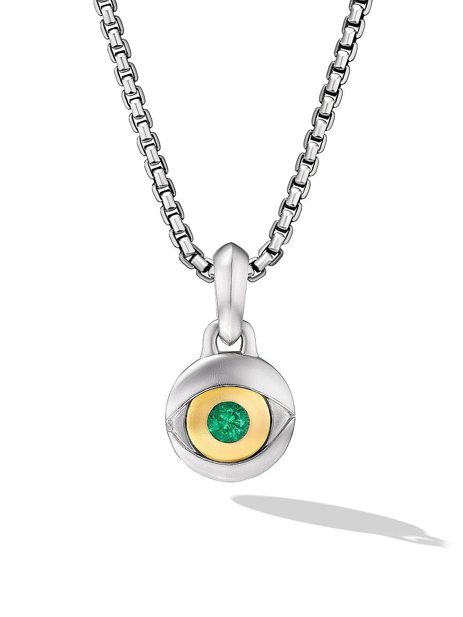 Men's Evil Eye Amulet in Sterling Silver with 18K Yellow Gold and Emerald, 14.5MM - Emerald