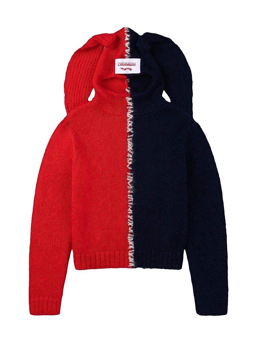 Men's Rabbit Balaclava Wool-Blend Sweater - Red Navy - Size Large