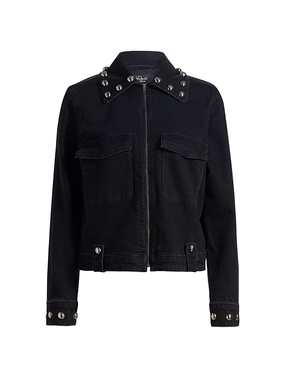 Women's Roxbury Stud-Trim Denim Jacket - Black Stone Studded - Size Medium