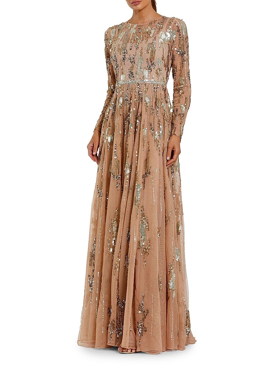 Women's Evening Mesh Long-Sleeve Gown - Taupe - Size 24