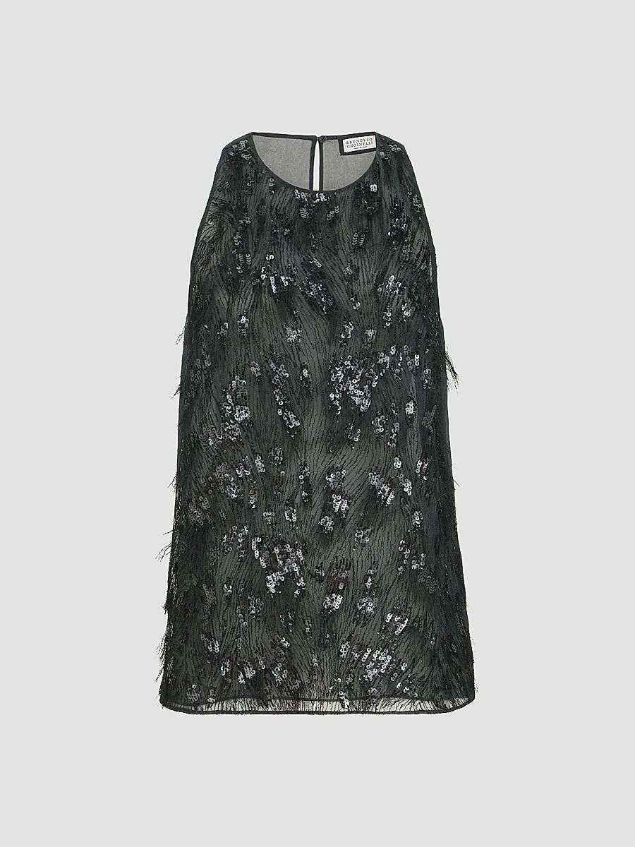 Women's Crispy Silk Top with Dazzling Lynx Embroidery - Lignite Grey - Size XXS