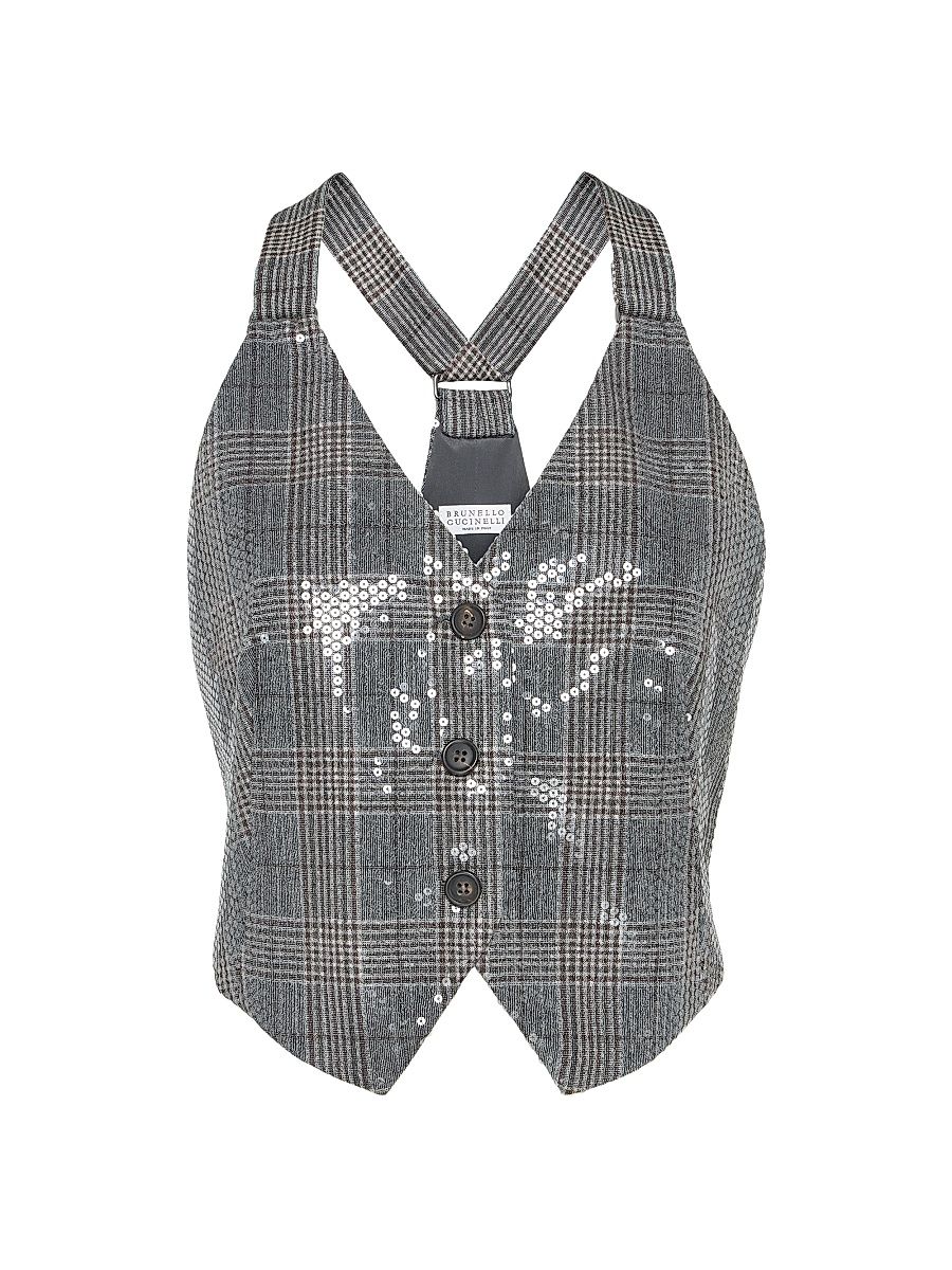 Women's Virgin Wool Prince of Wales Waistcoat with Dazzling Embroidery - Anthracite - Size 12