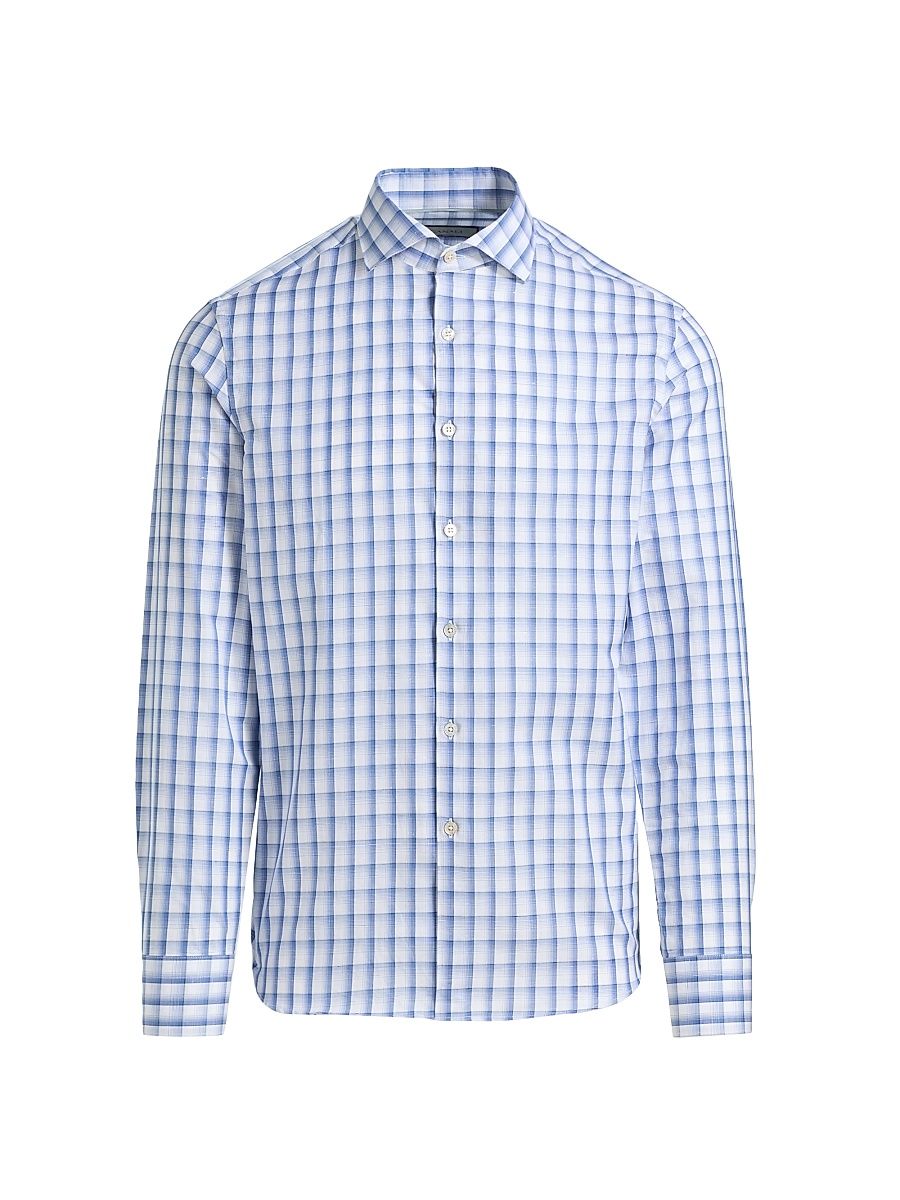 Men's Plaid Cotton-Linen Sport Shirt - Blue - Size Medium