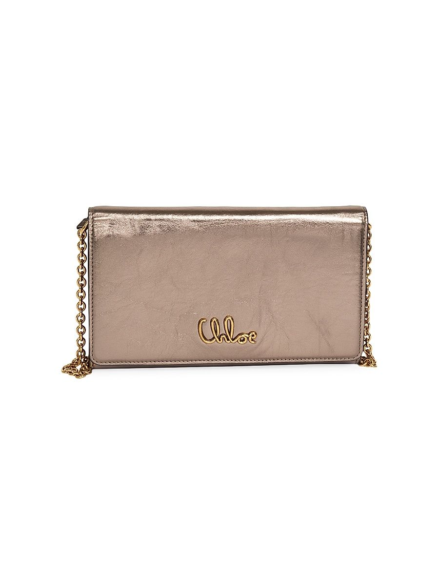 Women's Logo Metallic Leather Shoulder Bag - Shiny Grey