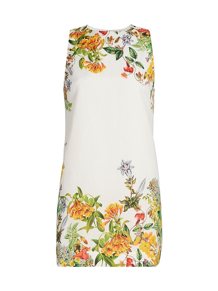 Women's Floral Linen-Cotton Shift Minidress - White - Size XL