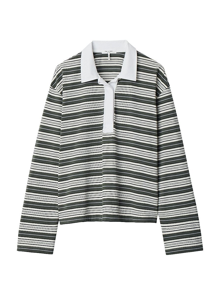 Women's Kelly Striped Cotton Polo Shirt - Green Multi - Size Medium