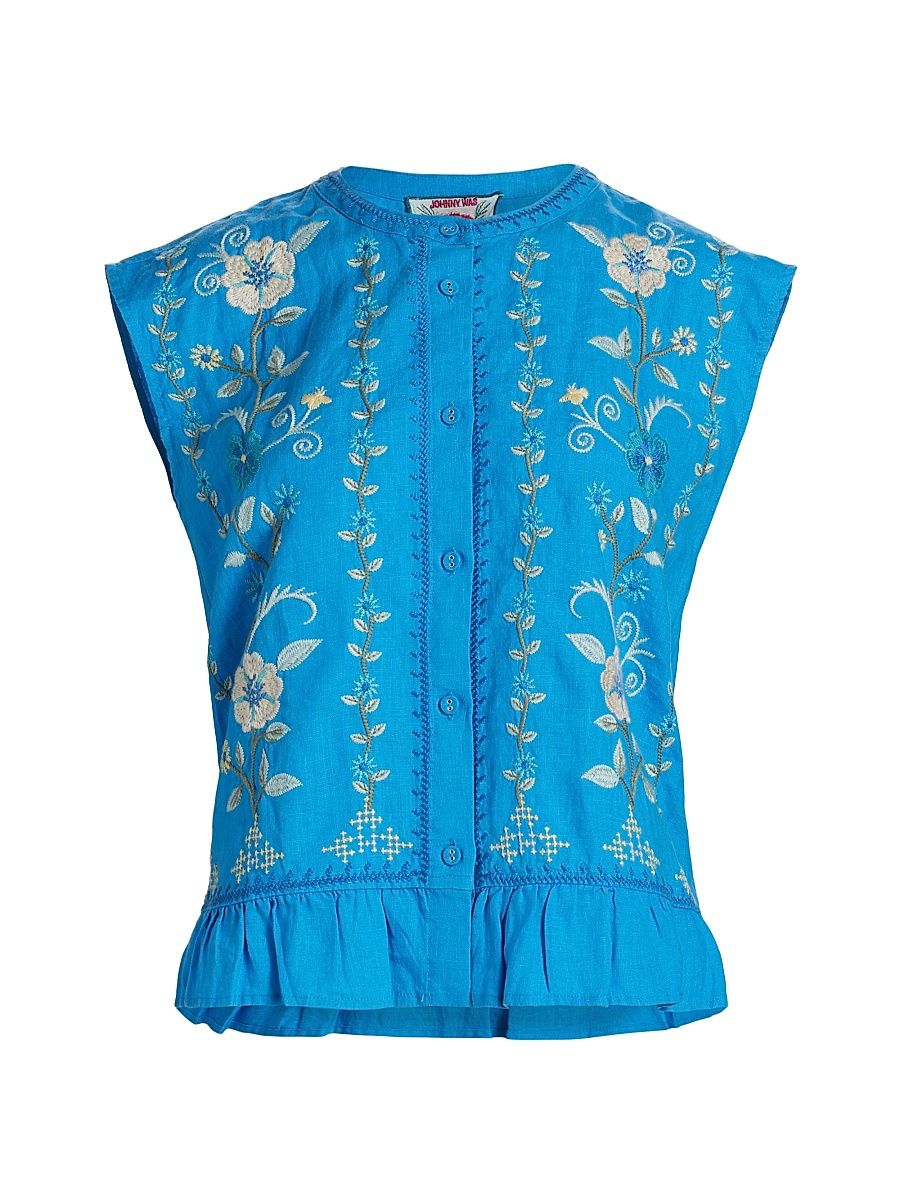 Women's Embroidered Peplum Sleeveless Blouse - Diva Blue - Size Large