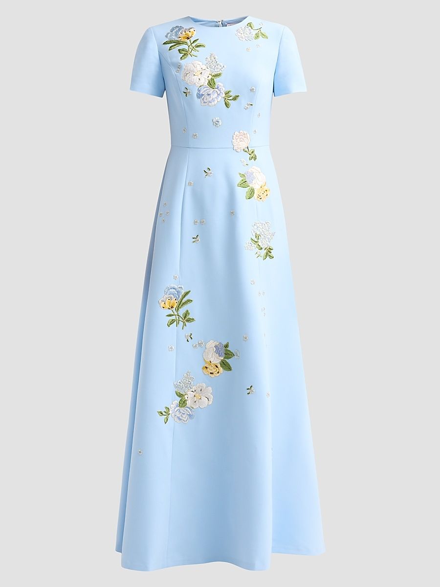 Women's Floral Embroidered Short-Sleeve Gown - Cloudy Blue - Size 16
