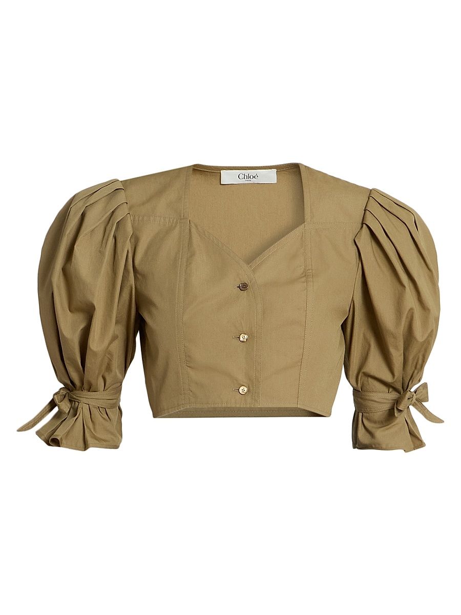 Women's Puff-Sleeve Cotton Crop Top - Amber Olive - Size 10