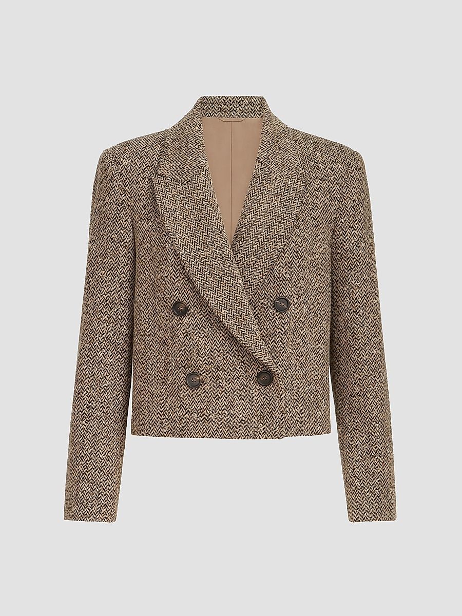 Women's Sparkling Virgin Wool Chevron Cropped Blazer - Light Brown - Size 4