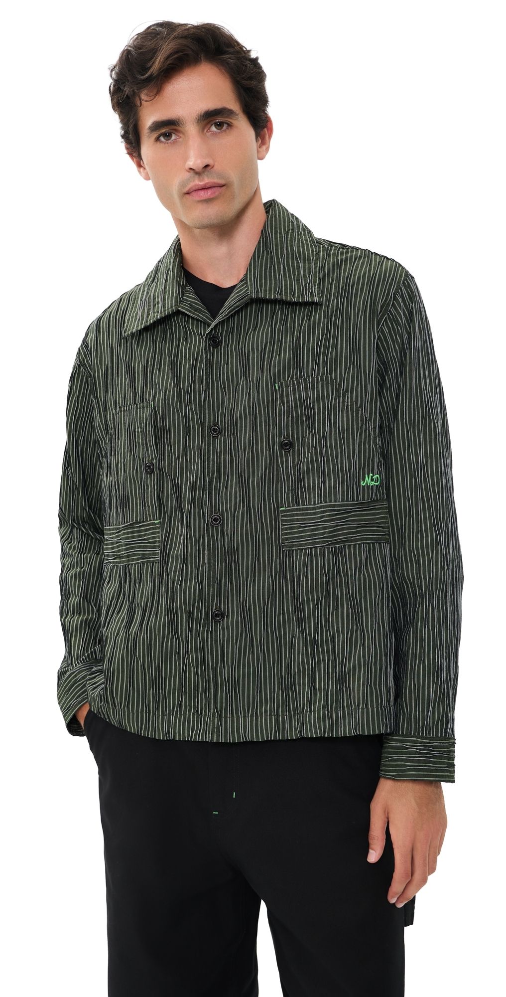 Nicholas Daley Tucked Dobby Stripe Workers Shirt Green M