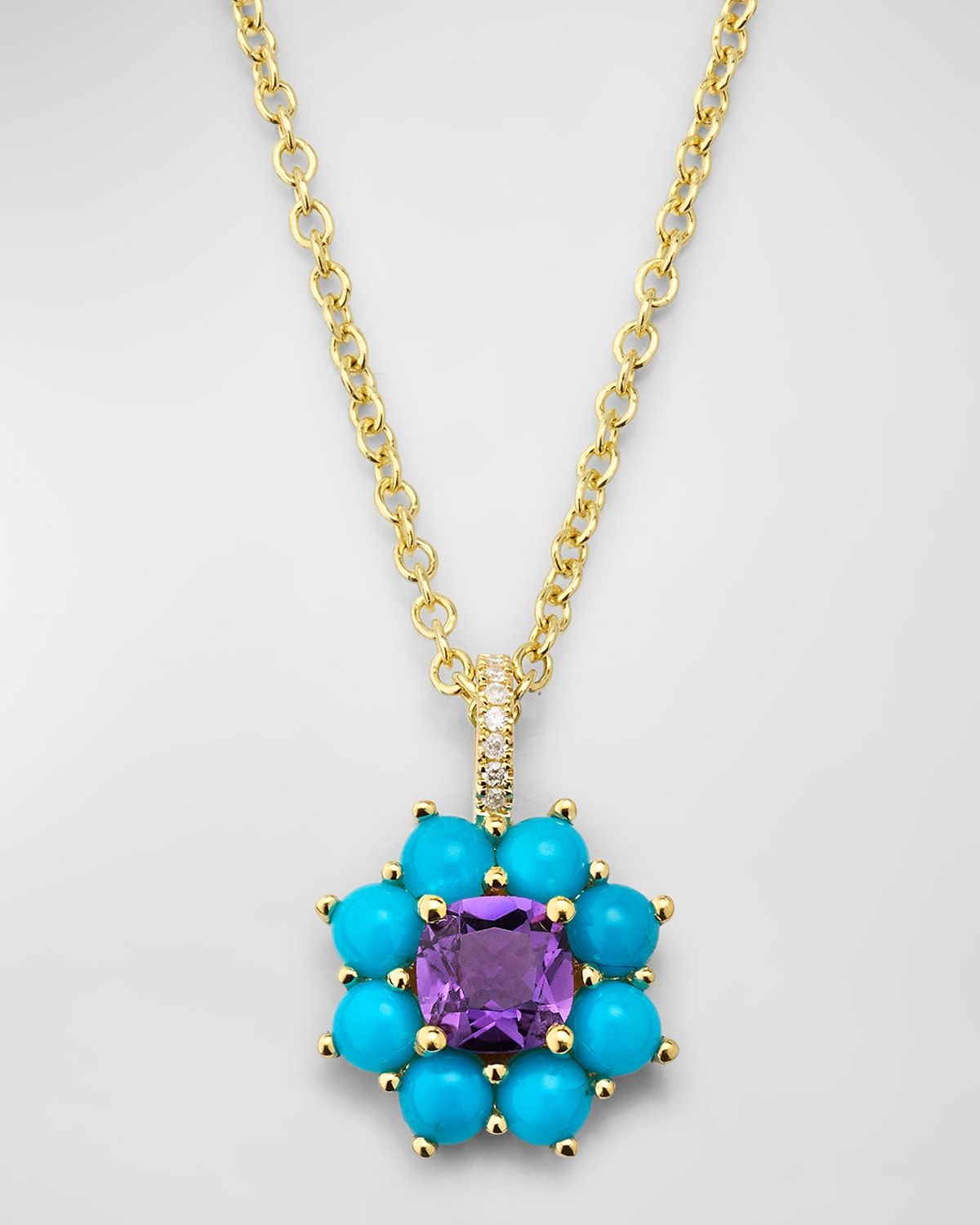 Petite Statement Turquoise Flower Pendant Necklace with Amethyst Center