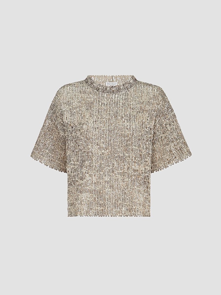 Women's Dazzling Craquelé Embroidery T-Shirt in Mohair and Wool - Silver Multi - Size XXL
