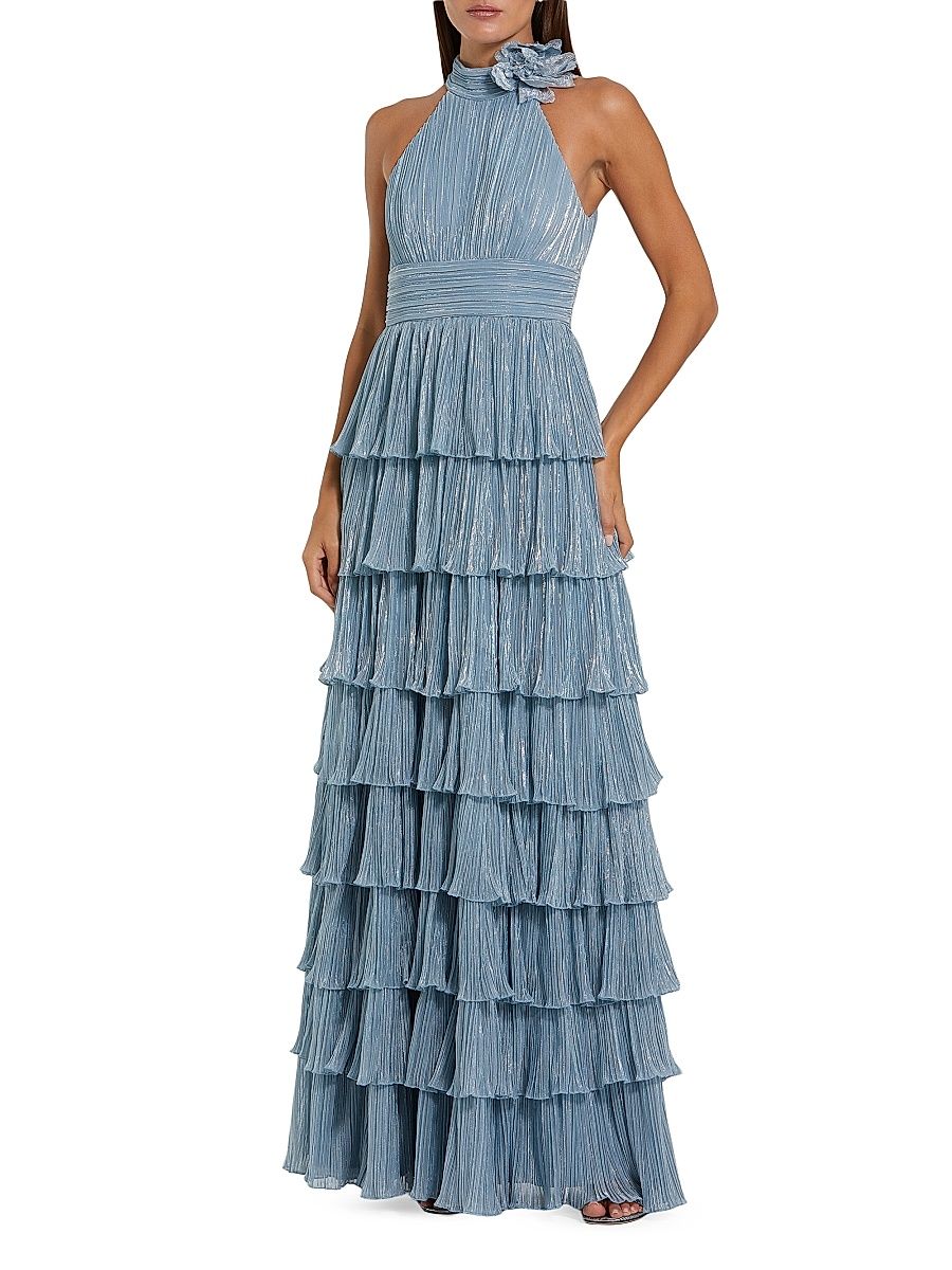 Women's Metallic Pleated Tiered Gown - Powder Blue - Size 14