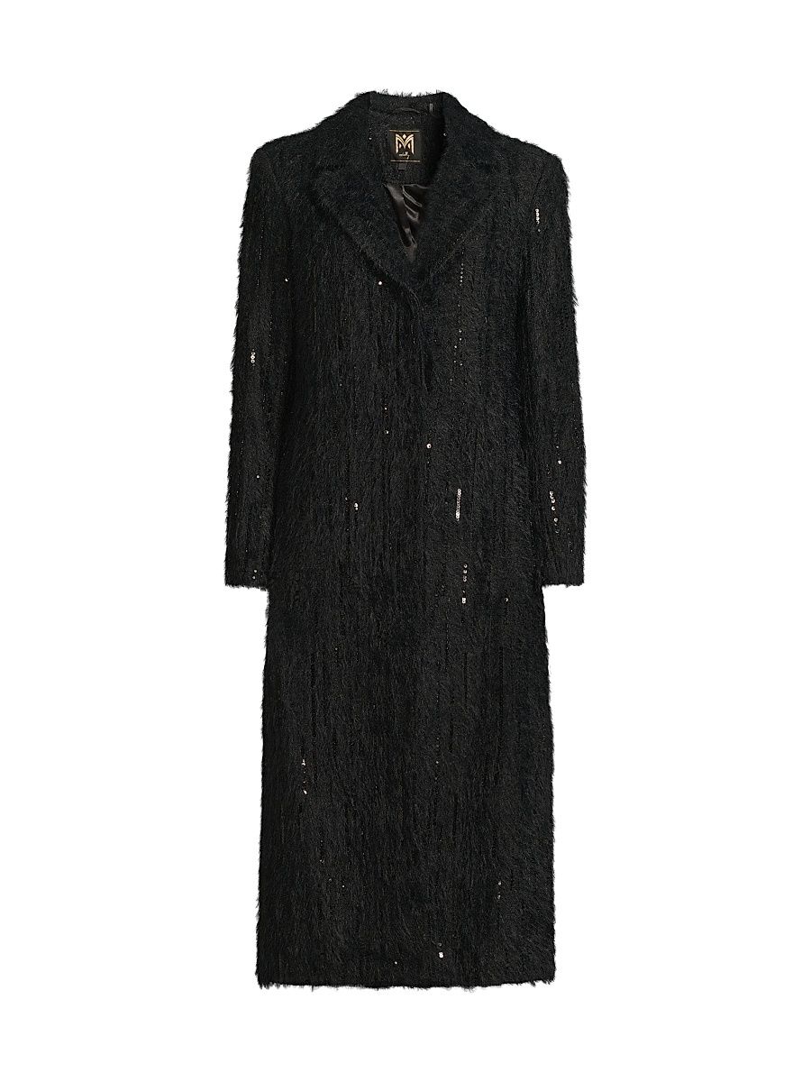 Women's Rhinestone-Embellished Long Coat - Black - Size Large