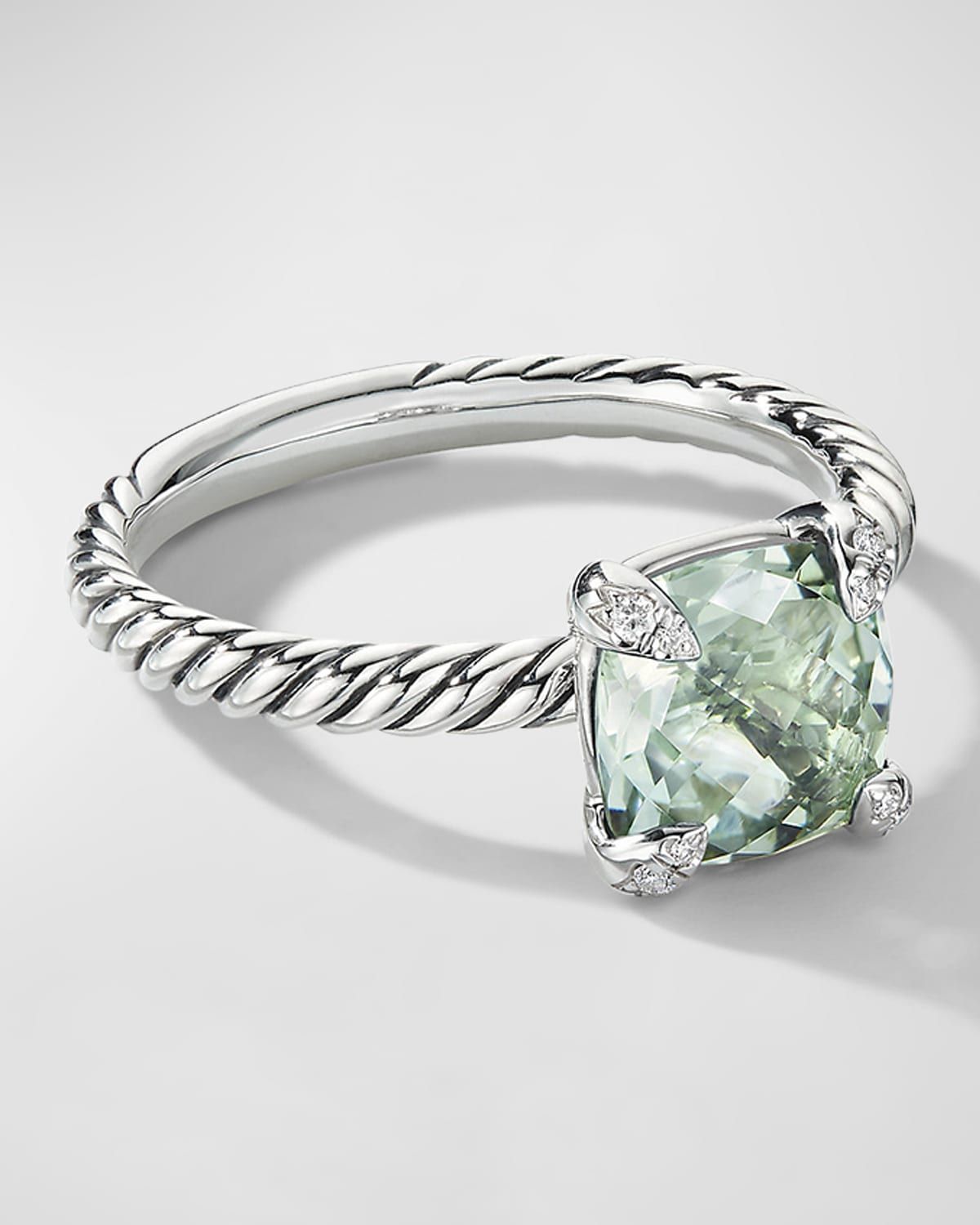Chatelaine Ring with Prasiolite and Diamonds in Silver, 8mm
