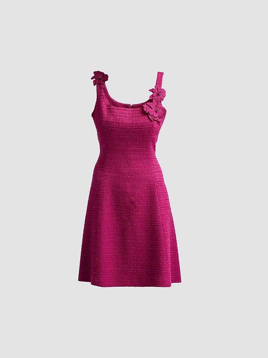 3D Flower Appliqué Bouclé Tweed A-Line Mini Dress - Berry - Size 18