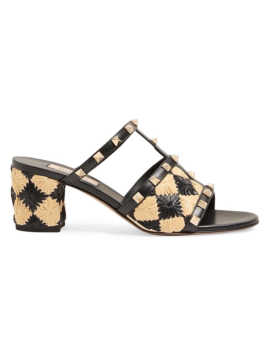 Women's Rockstud Slide Sandals with Raffia Check Embroidery 60MM - Natural Black - Size 11.5