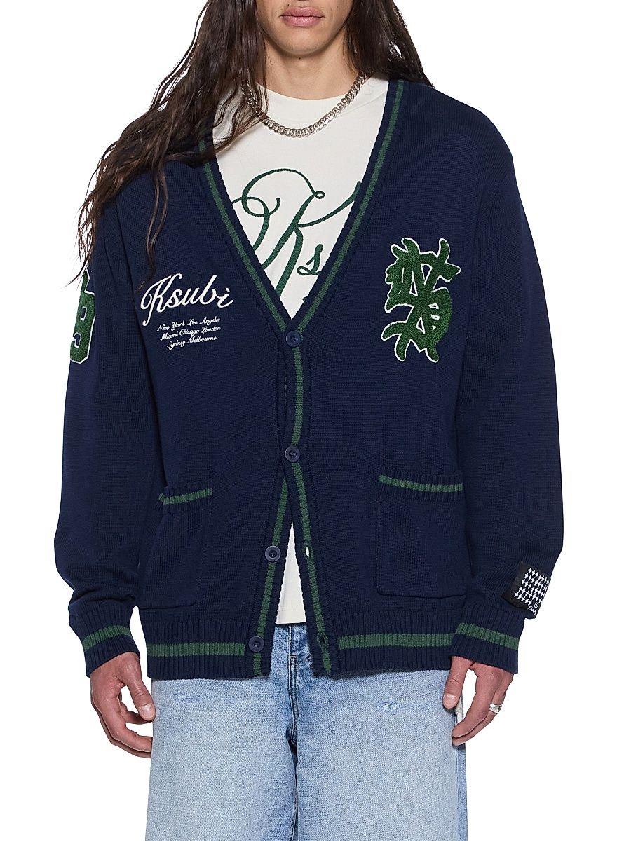 Men's Playoff Varsity Logo-Embroidered Oversized Cardigan - Navy - Size XL