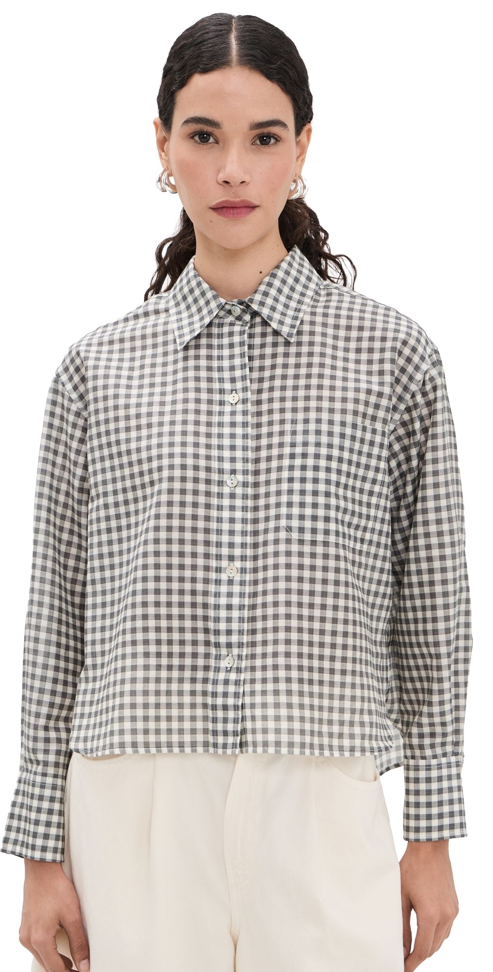 Vince Cropped Long Sleeve Shirt Off White/Smoke XXS