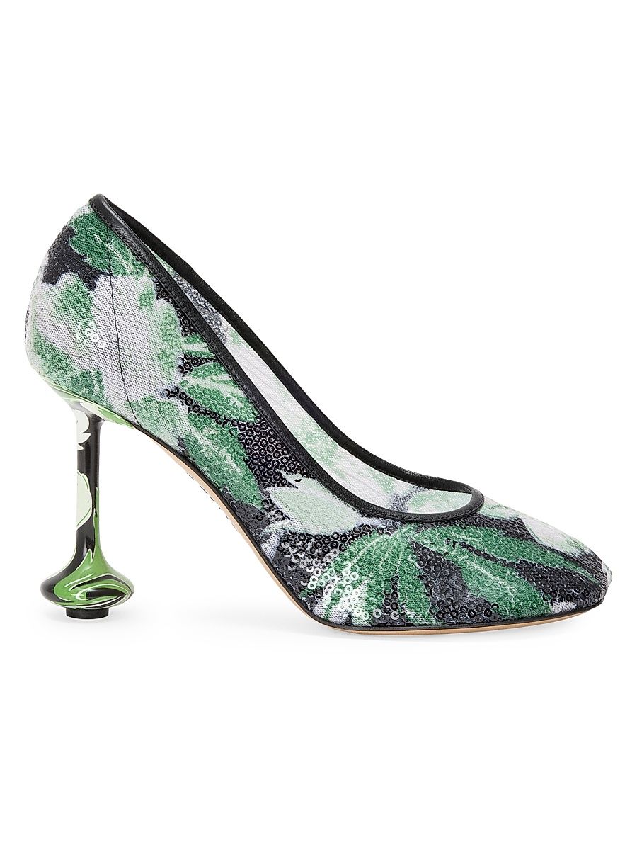 Women's Toy Pump 90MM Sequined Floral Pumps - Black Hibiscus Green - Size 10