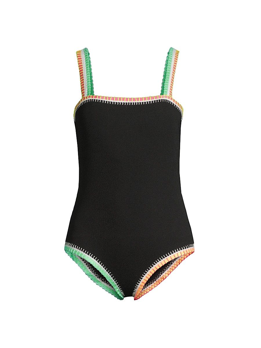 Women's Crochet-Trim One-Piece Swimsuit - Black Multi - Size Large