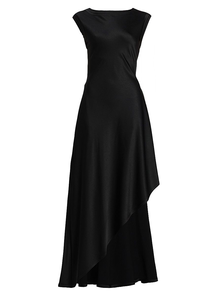 Women's Asymmetric Satin Fit & Flare Gown - Black - Size 14