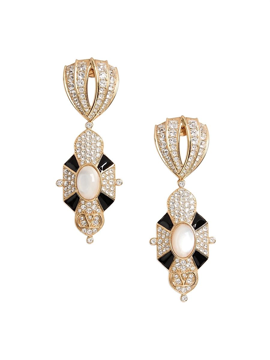 Women's Pas Plus Earrings in Metal Resin Enamel and Swarovski Crystals - Gold Black Crystal Cream