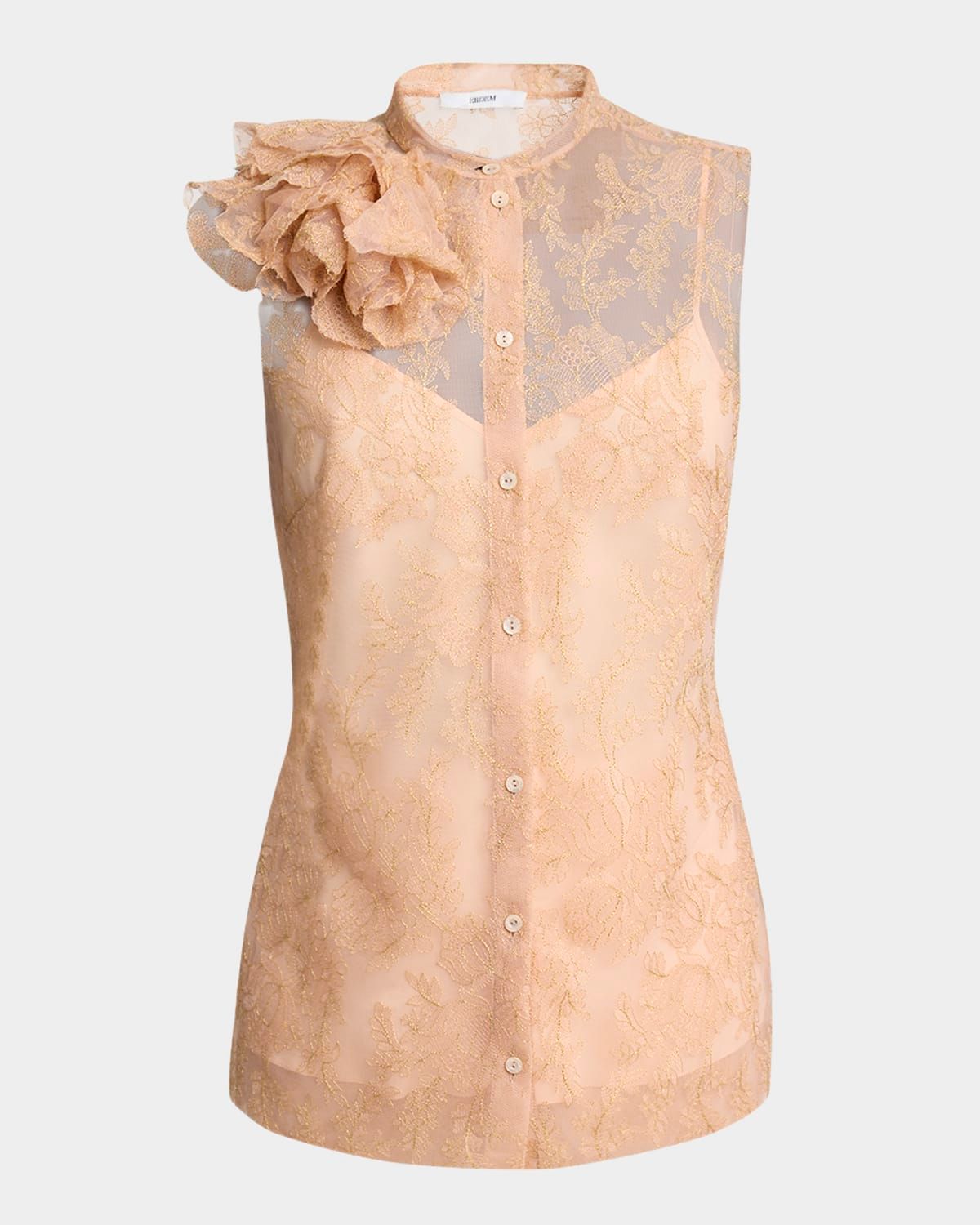 Carnation-Applique Embroidered Tulle Top