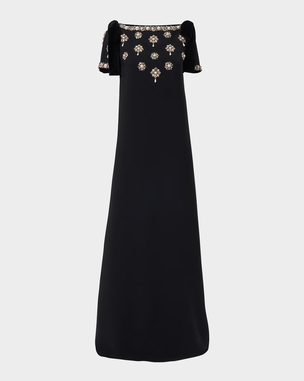 Embellished Bow-Shoulder Crepe Gown