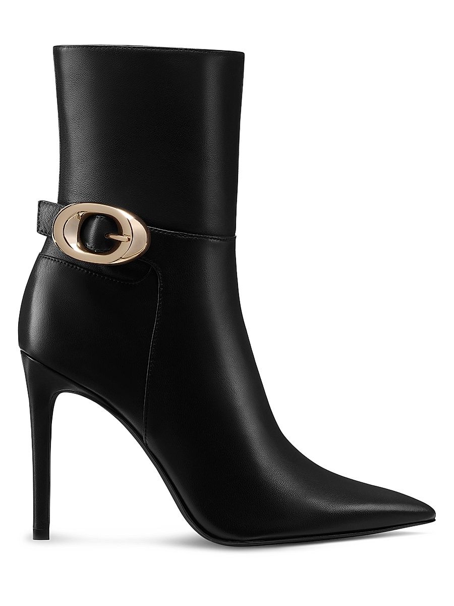 Women's Stuart Power 100MM Buckle-Detail Leather Booties - Black - Size 8.5