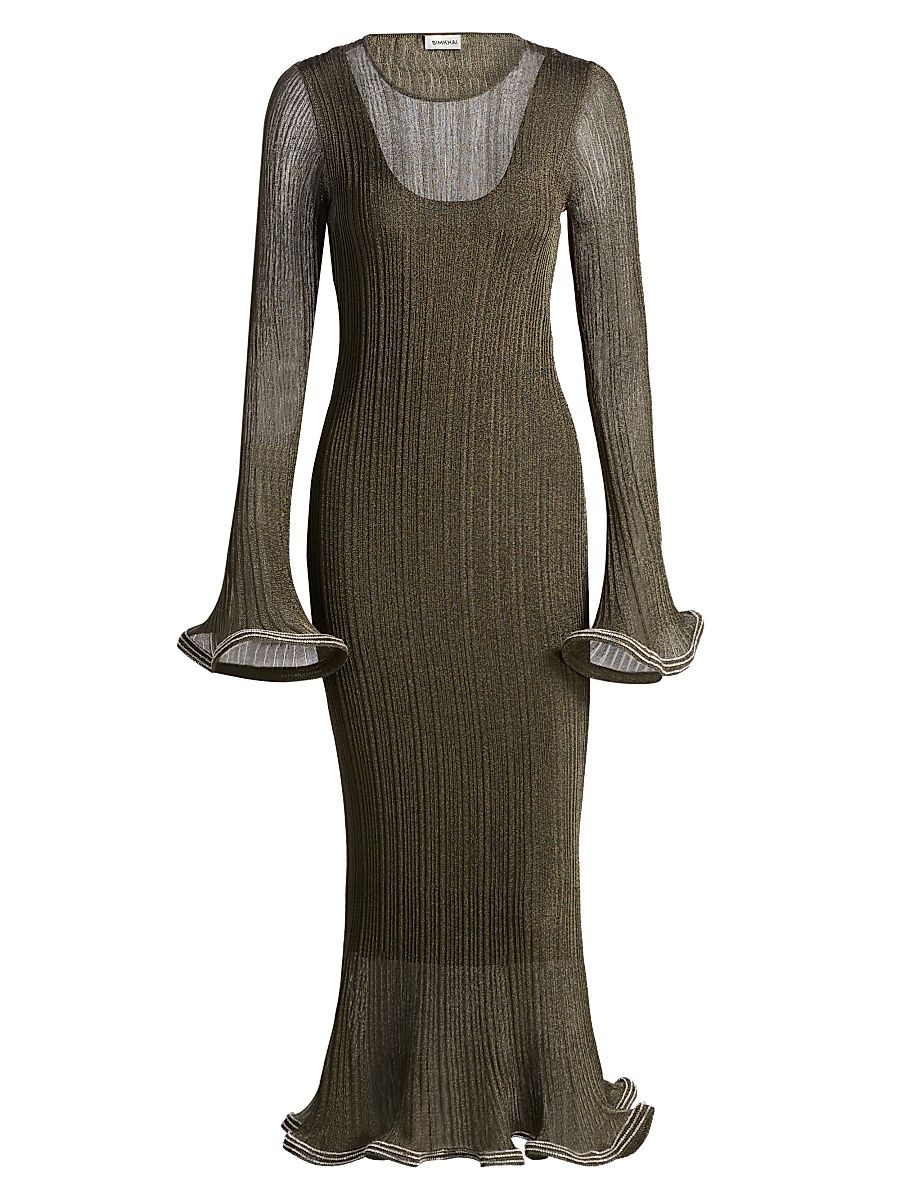 Women's Chessie Metallic Flared Hem Rib-Knit Midi-Dress - Gunmetal Silver - Size Medium