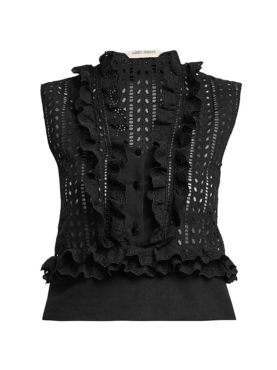 Women's Ruffled Cotton-Blend Blouse - Black - Size 0