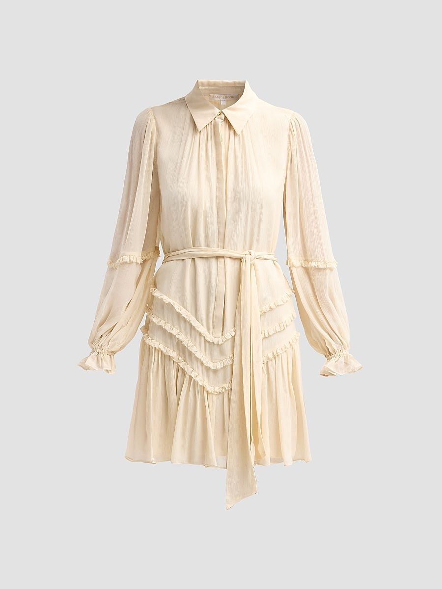 Women's Maya Ruffled Silk Long-Sleeve Belted Mini Shirtdress - Bone - Size XL