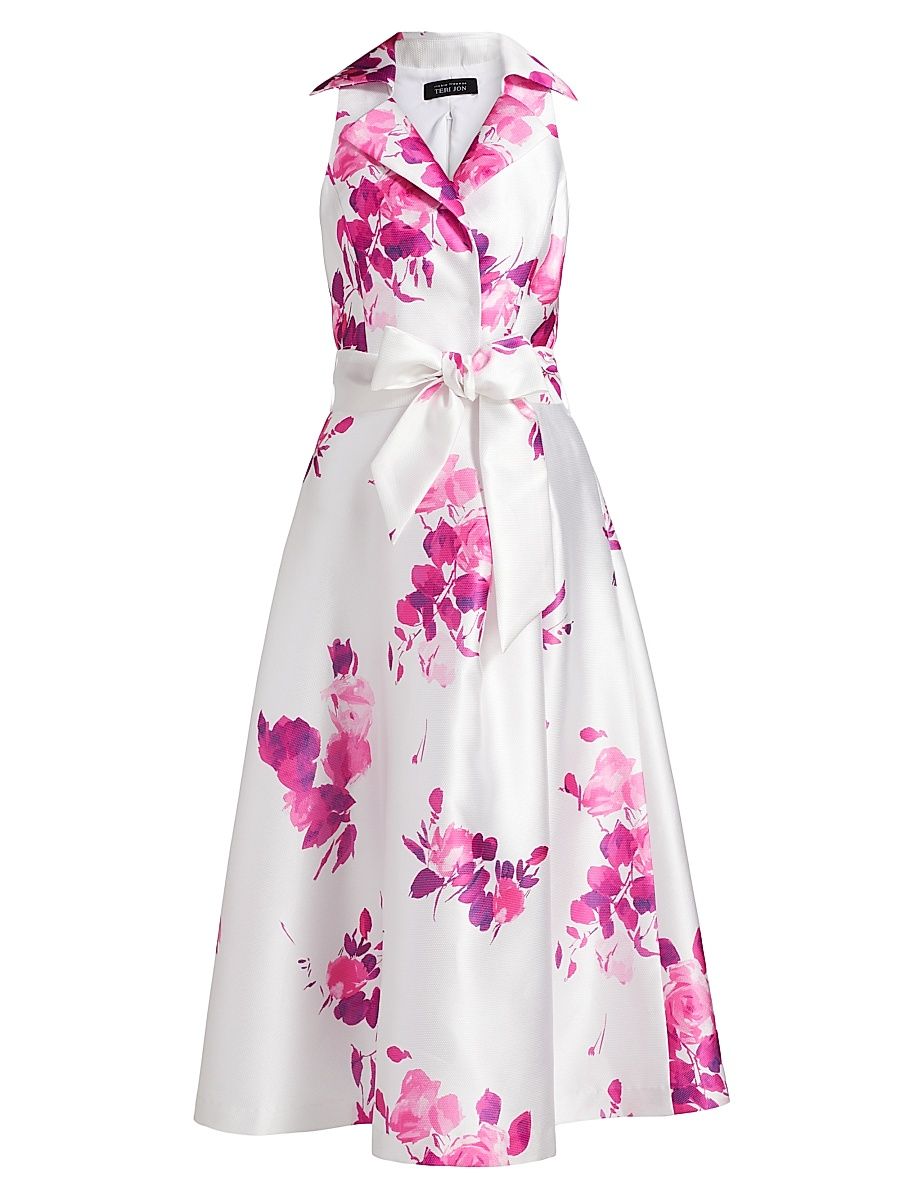 Women's Pique Mikado Floral Cocktail Dress - White Pink - Size 16