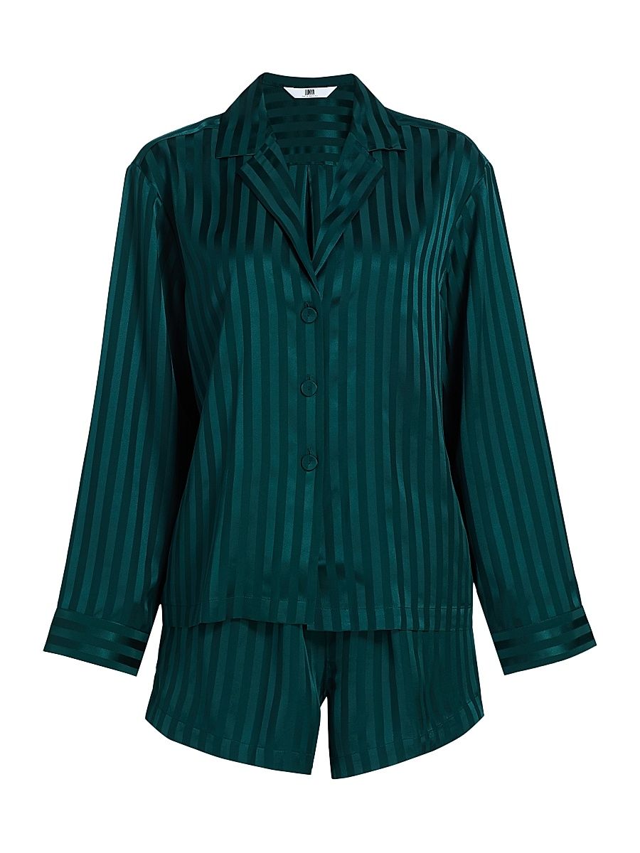 Women's Striped Silk Jacquard Short Pajamas - Dusky Cypress Jacquard - Size Large