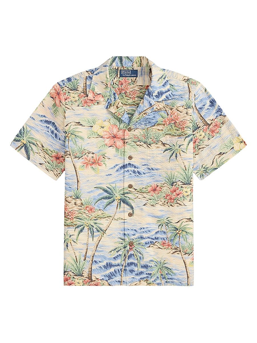 Men's Printed Seersucker Cotton Camp Shirt - Harbor Cove Palms - Size XXL